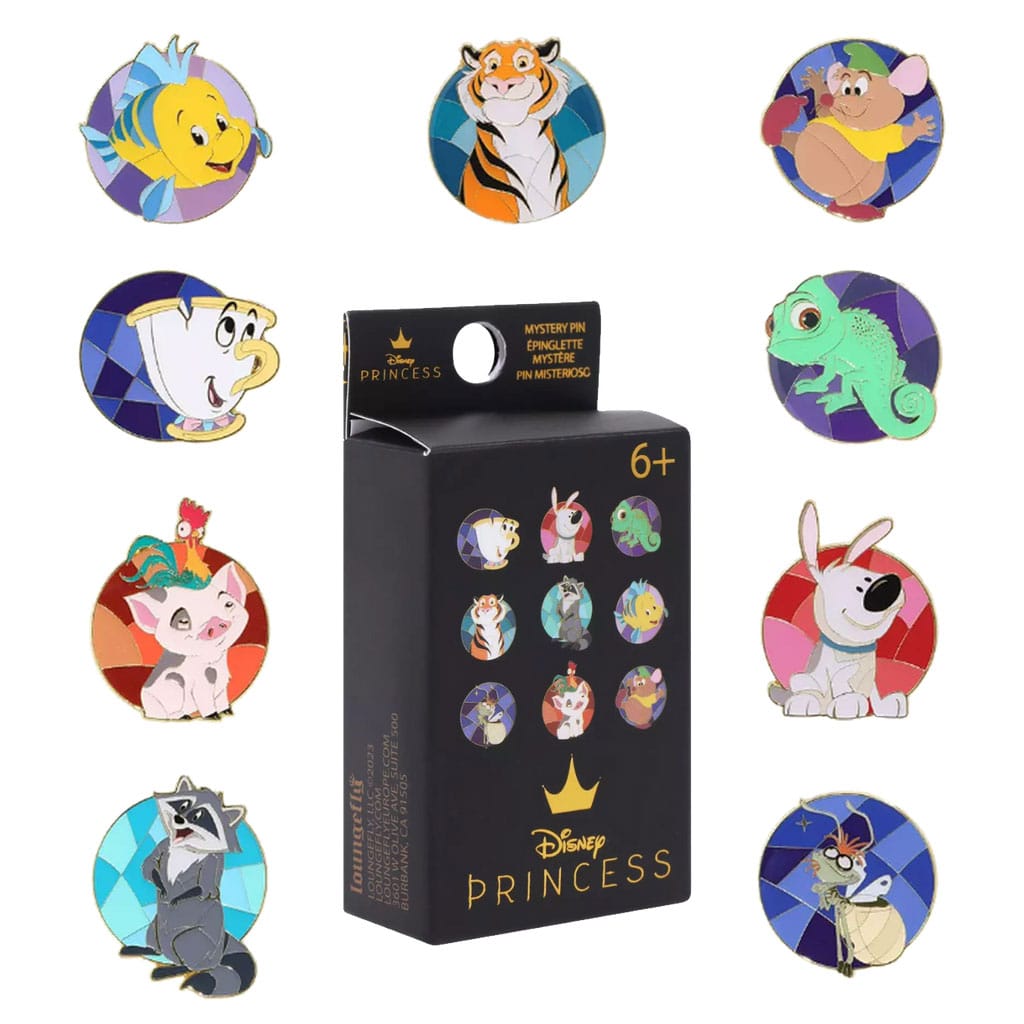 Loungefly Disney Enamel Pins Blind Box 1.5" Assorted Princess Animal Stain Glass Display (Set of 18)