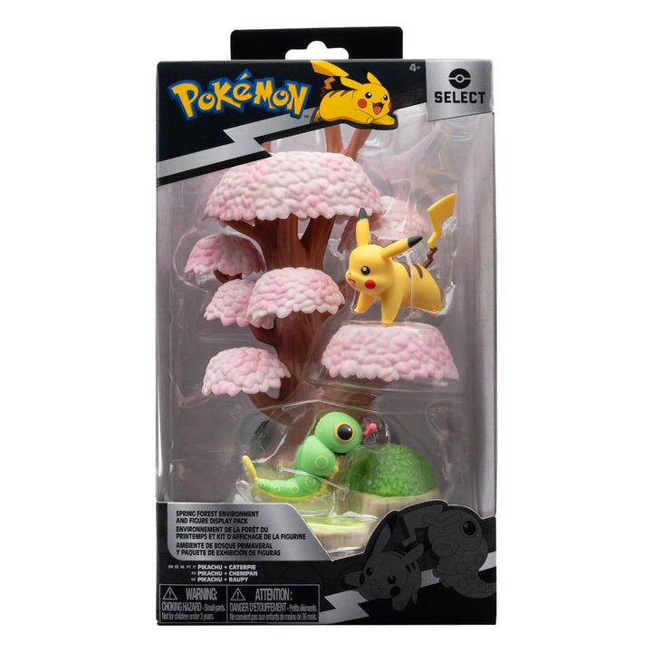 Pokémon Caterpie and Pikachu Spring Forest 2" PVC Minifigures Environment Set