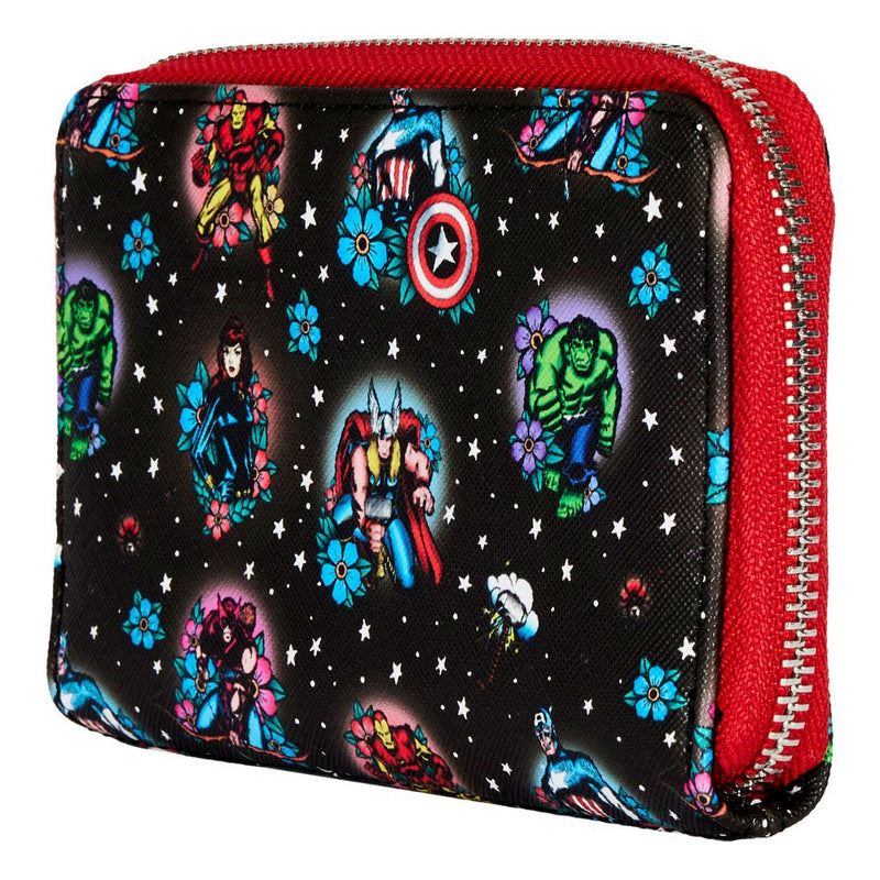Loungefly Marvel Avengers Tattoo Zip Around Wallet, close-up detail